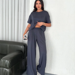 Kadın Osy Modal Yumuşak Dokulu Kumaş Bisiklet Yaka T-shirt Bol paça Pantalon ikili Takım -Antrasit