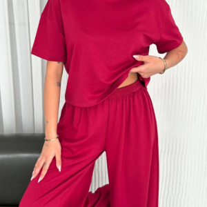 Kadın Osy Modal Yumuşak Dokulu Kumaş Bisiklet Yaka T-shirt Bol paça Pantolon ikili Takım -Bordo