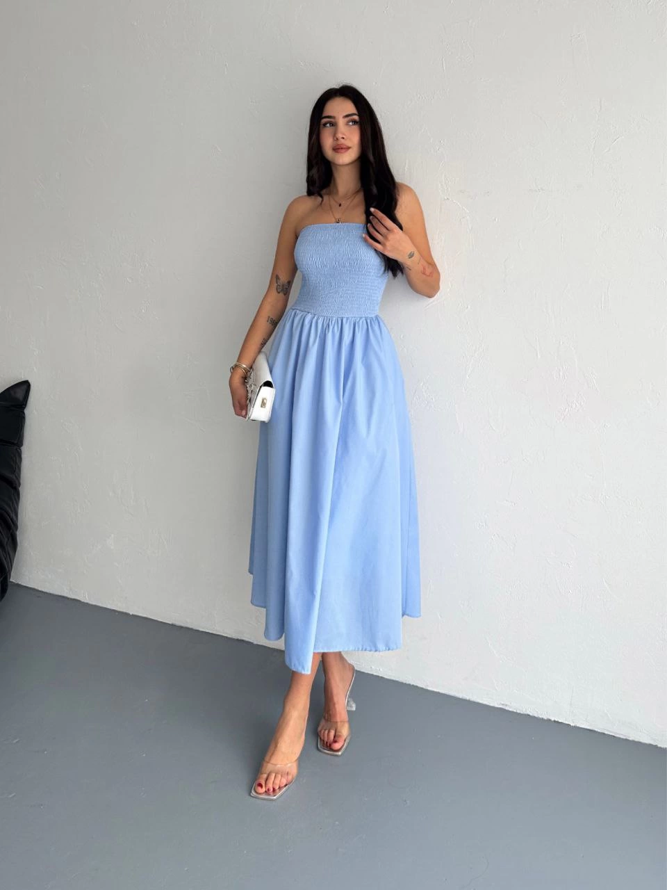 straplez-pileli-elbise-mavi-13245535-sw960sh1280 Kadın Straplez Pileli Elbise - Açık Mavi