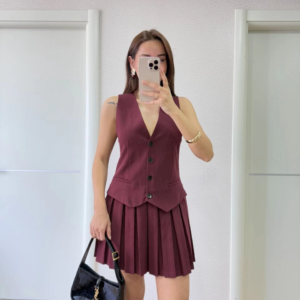 Keten Takım Görünümlü Düğme Detaylı Yelekli Mini Elbise - Bordo