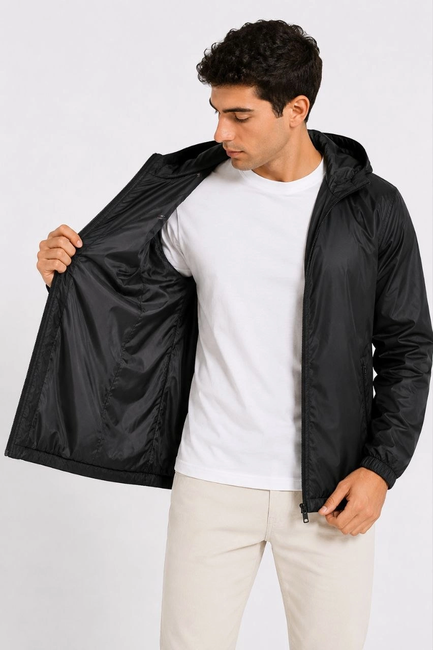 unisex-kapusonlu-ici-astarli-yagmurluk-siyah-25743838-sw852sh1280 Erkek Kapüşonlu İç Astarlı Su ve Rüzgar İtici Fermuarlı Cepli İnce Rüzgarlık - Siyah - Image 2